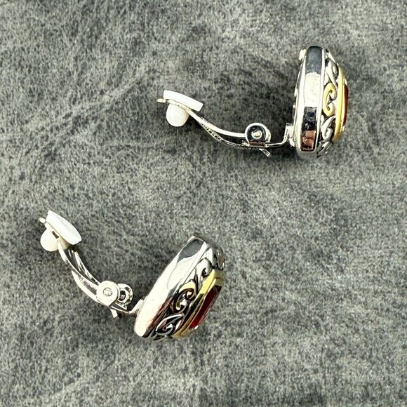 Vintage Costume Gold-Silver-Tone Red Rhinestone Clip On Earrings Unmarked 0.75" - Picture 8 of 10